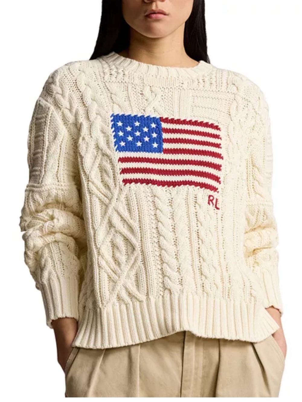 Ralph Lauren Cream Aran Knit Sweater with Embroidered Flag NWT Size Medium